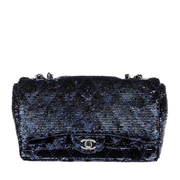 Chanel Black Navy Sequin Classic Flap Bag with Silver Hardware on Sale