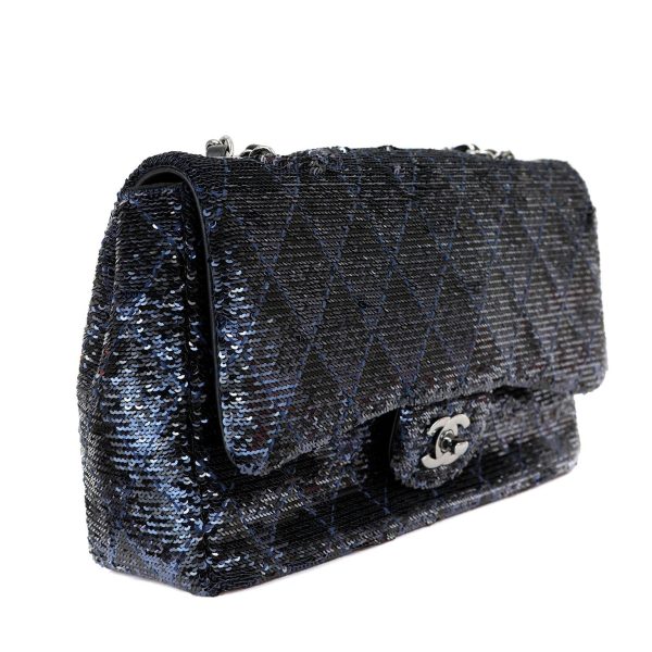 Chanel Black Navy Sequin Classic Flap Bag with Silver Hardware on Sale