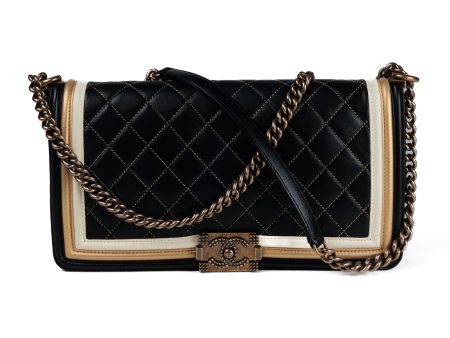 Chanel Tri Color Black Gold Ivory Medium Boy Bag with Antique Gold Hardware Sale