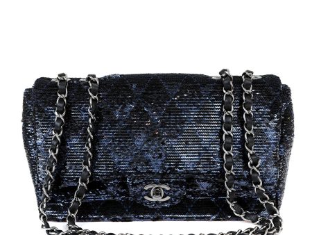 Chanel Black Navy Sequin Classic Flap Bag with Silver Hardware on Sale