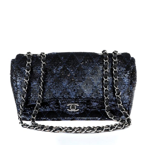 Chanel Black Navy Sequin Classic Flap Bag with Silver Hardware on Sale