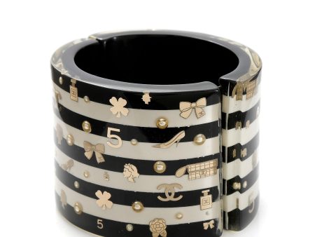 Chanel Black and White Striped Lucite Icons Cuff with Pearls and Silver Hardware Fashion