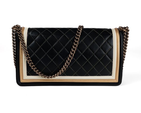 Chanel Tri Color Black Gold Ivory Medium Boy Bag with Antique Gold Hardware Sale