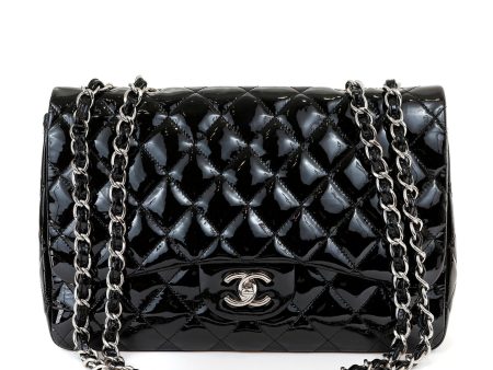 Chanel  Black Patent Leather Jumbo Classic with Silver Hardware For Sale