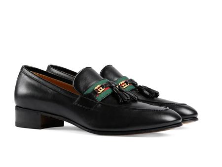 Gucci 624720 1066 Men s Shoes Black Calf-Skin Leather with Web and Interlocking G Tassels Loafers (GGM1721) Hot on Sale