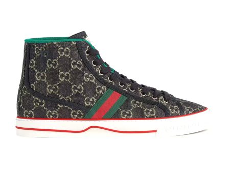 Gucci 625807 UN310 1290 Men s Shoes Black & Ivory Jacquard Denim Tennis 1977 High-Top Sneakers (GGM1735) Supply