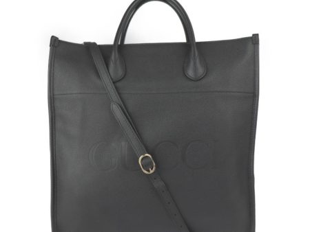 Gucci Logo Medium Tote Bag Shoulder 674850 Embossed Leather Black Gold Hardware 2WAY Handbag 2022 Current Product Discount