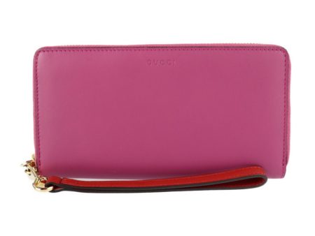 Gucci long wallet 410109 leather pink red gold hardware with strap round fastener wristlet For Discount